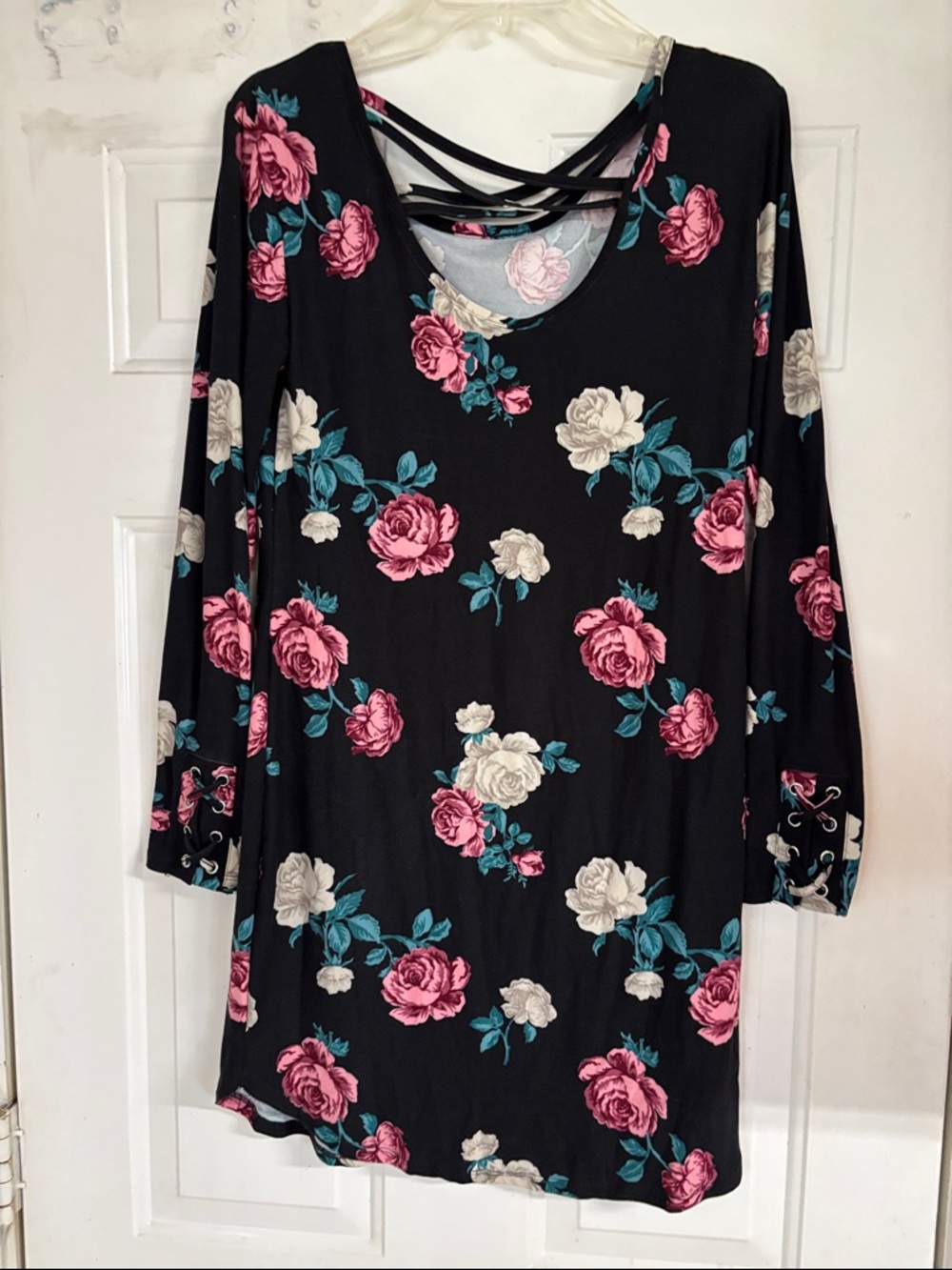 No Boundaries Black Long Sleeve Floral Tunic with Pink & Cream Roses